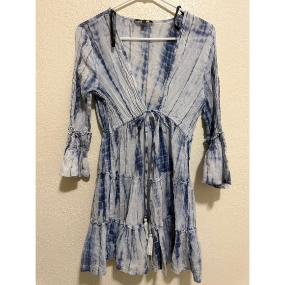 Spiaggia Dolce Womens Navy White Tie Dye Cotton Tiered Mini Dress Tassel Size M - Picture 2 of 12